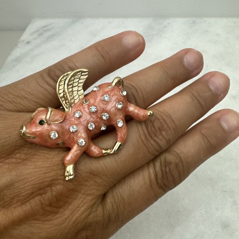 Adjustable ring animal pink rhinestones flying pig